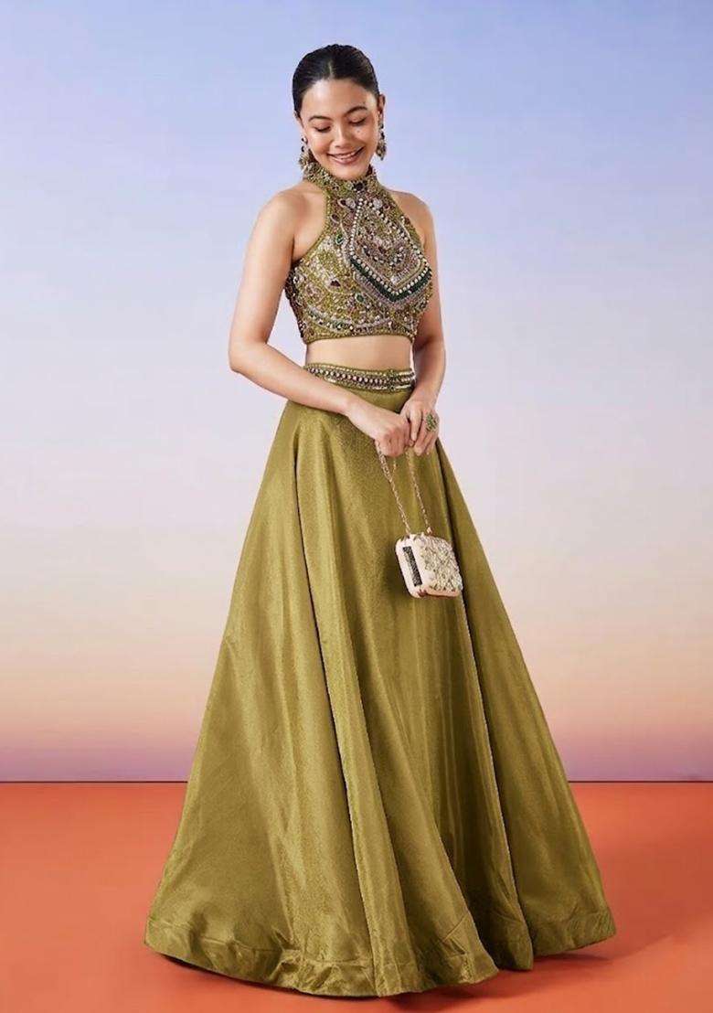 Olive Green Handwork Lehenga Set - Indya