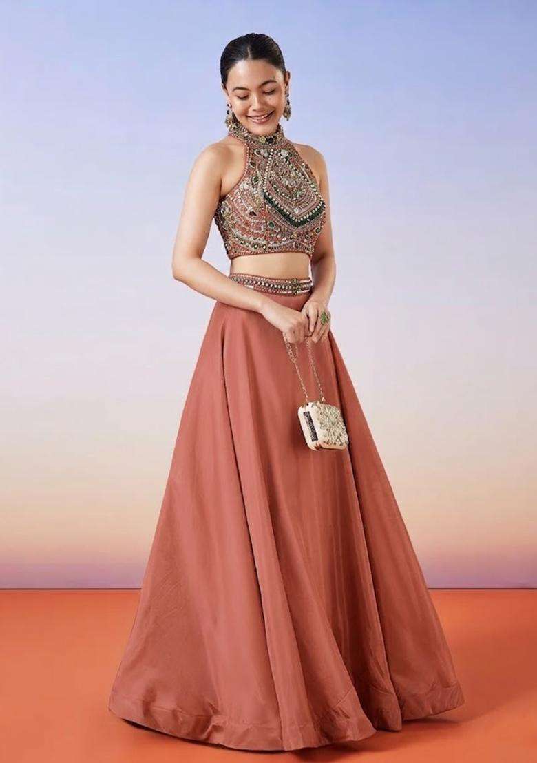 Rust Handwork Lehenga Set - Indya
