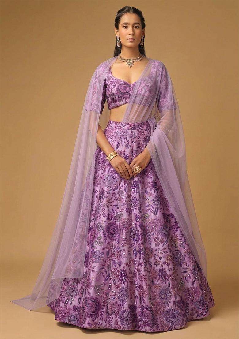 Lavender Purple Printed Chinon Lehenga Set for Diwali and Festive Wear - Indya