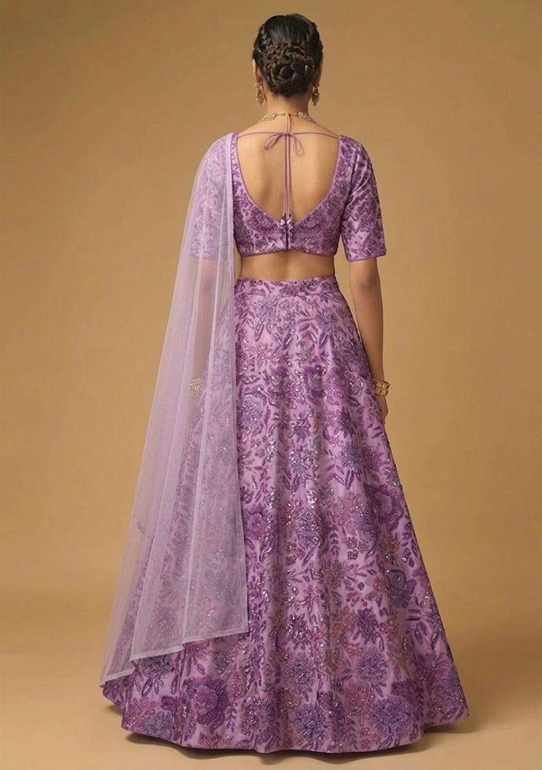Lavender Purple Printed Chinon Lehenga Set for Diwali and Festive Wear - Indya
