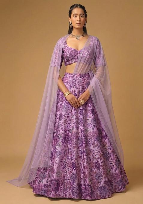 Lavender Purple Printed Chinon Lehenga Set