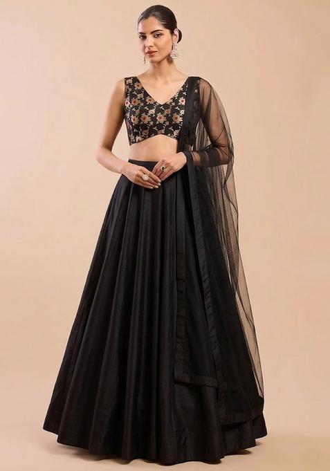 Jet Black Silk Lehenga Set