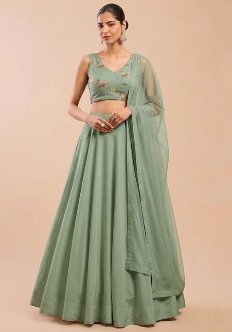 Sage Green Embroidered Chanderi Lehenga Set