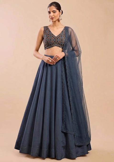 Steel Blue Printed Satin Lehenga Set