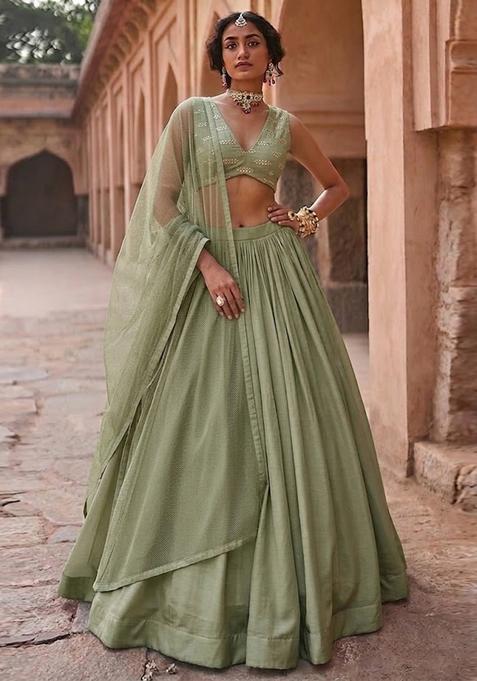 Olive Green Sequin Silk Lehenga Set