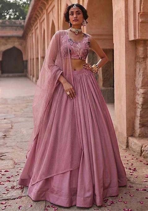 Dusty Rose Embroidered Chanderi Lehenga Set