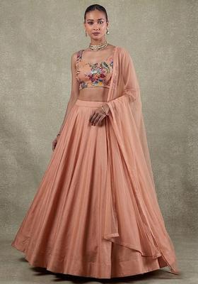 Salmon Peach Printed Organza Lehenga Set