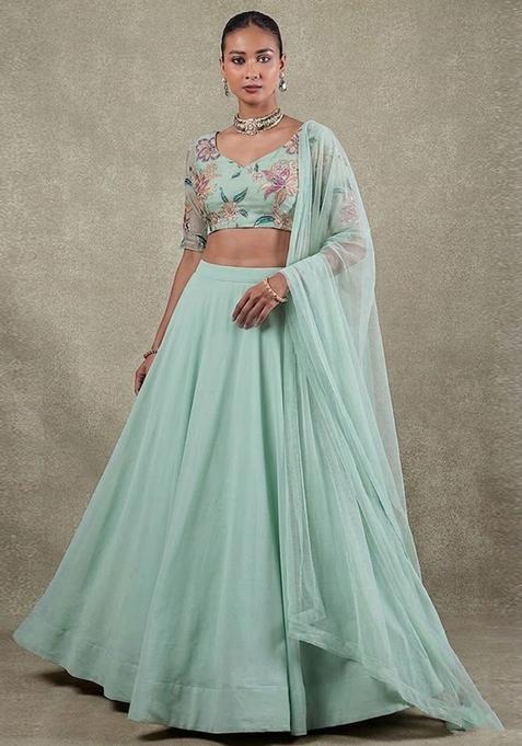 Mint Green Printed Organza Lehenga Set