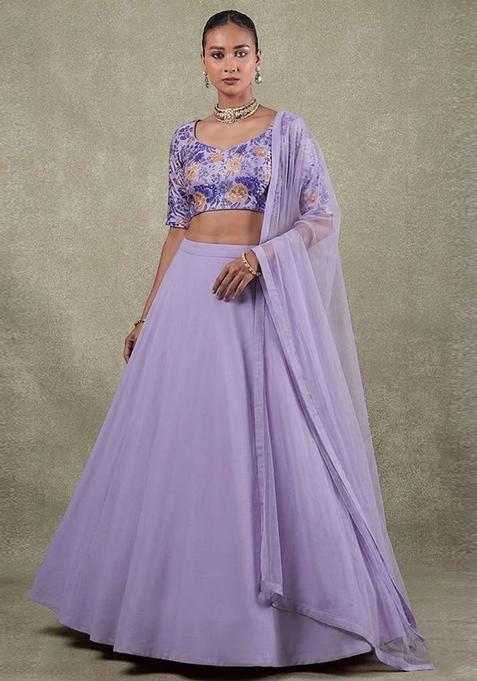 Lilac Printed Silk Lehenga Set