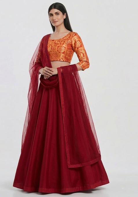 Maroon Brocade Lehenga Set