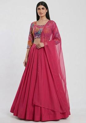 Pink Printed Crepe Lehenga Set