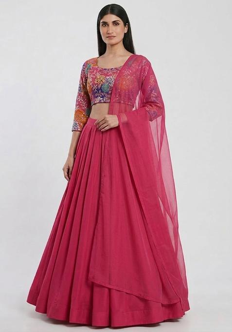 Maroon Printed Crepe Lehenga Set
