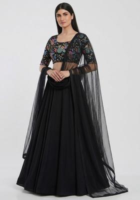Black Printed Crepe Lehenga Set