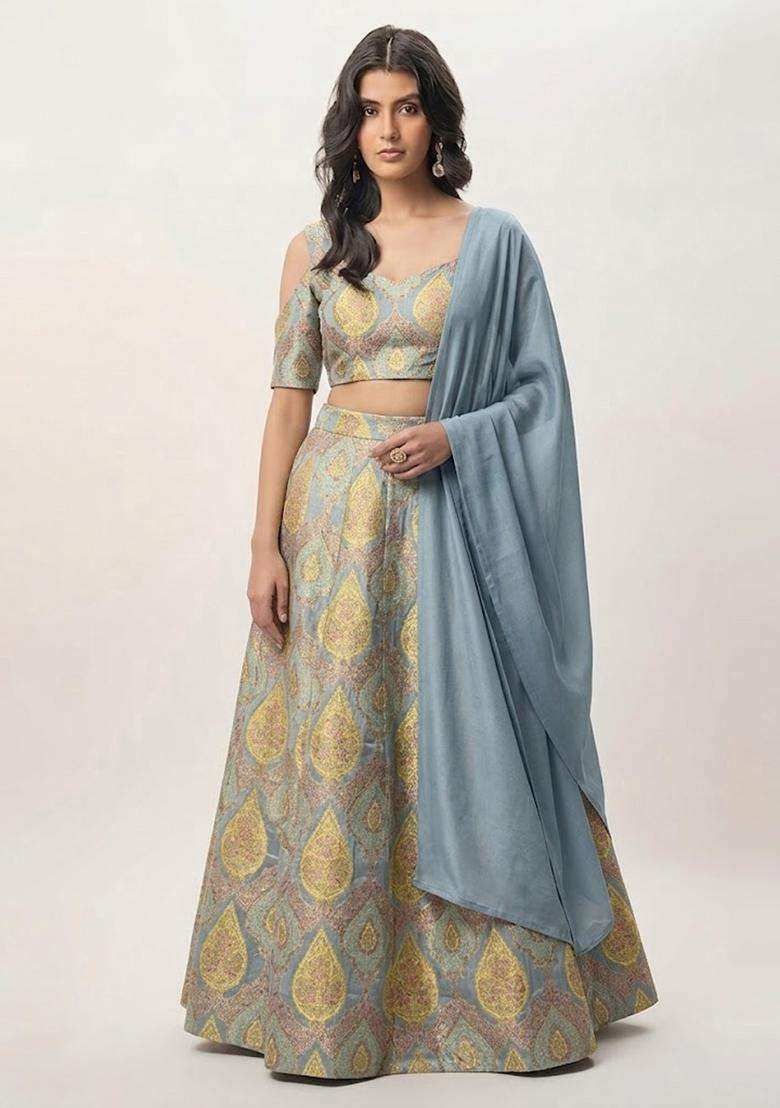 Grey Brocade Lehenga Set - Indya