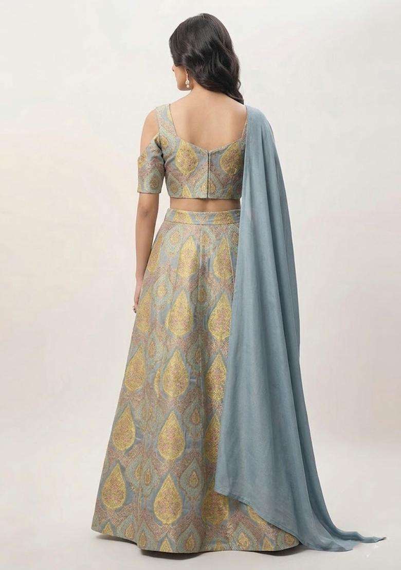 Grey Brocade Lehenga Set - Indya