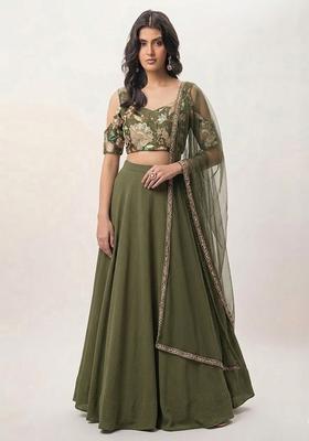 Green Printed Crepe Lehenga Set