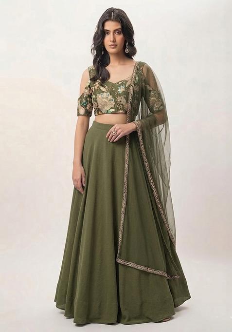 Maroon Printed Crepe Lehenga Set