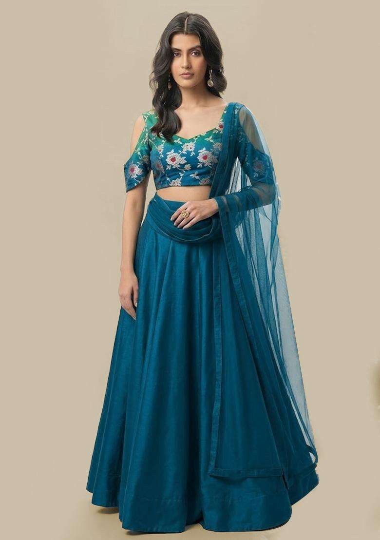 Green Silk Blend Lehenga Set for Diwali and Festive Wear - Indya