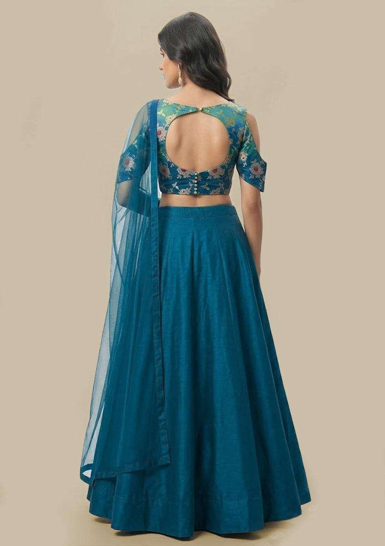Green Silk Blend Lehenga Set for Diwali and Festive Wear - Indya