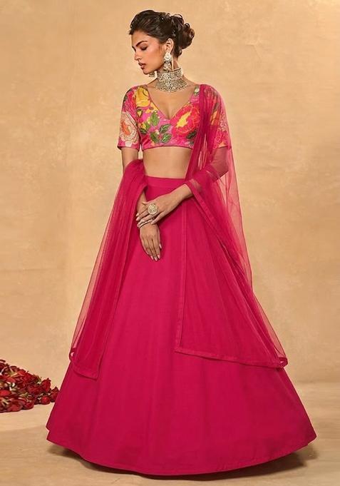 Maroon Printed Linen Lehenga Set