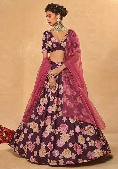 Purple Printed Georgette Lehenga Set