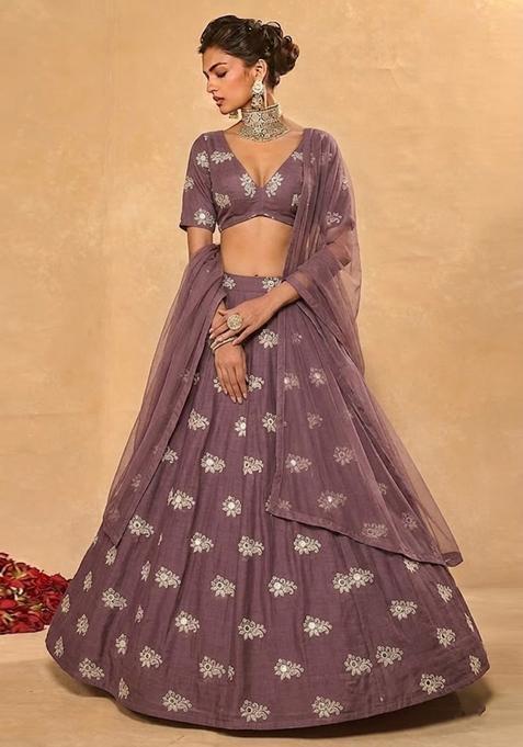 Maroon Embroidered Chanderi Lehenga Set
