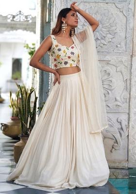 White Printed Silk Lehenga Set