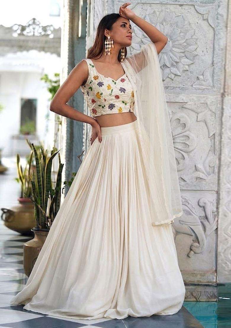 White Printed Silk Blend Lehenga Set - Indya