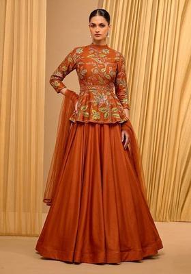 Orange Printed Organza Lehenga Set