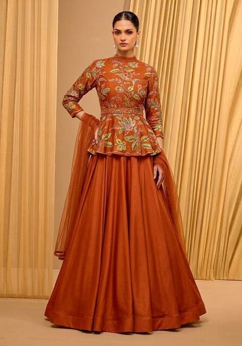 Maroon Printed Organza Lehenga Set