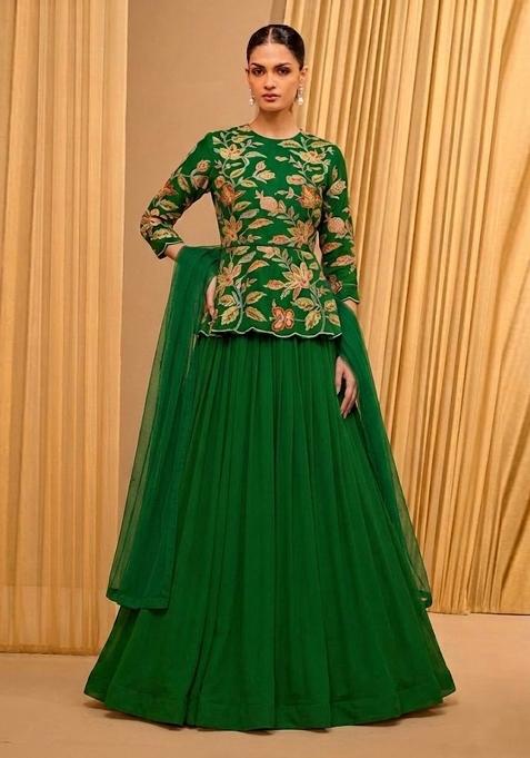 Green Printed Organza Lehenga Set