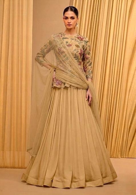 Beige Printed Organza Lehenga Set