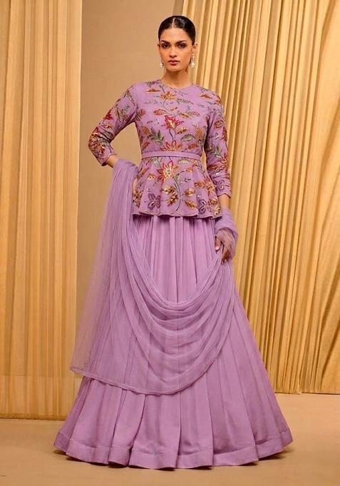 Purple Printed Organza Lehenga Set