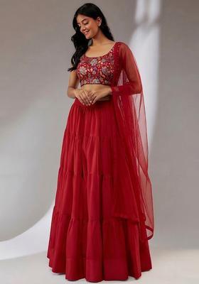 Red Printed Crepe Lehenga Set