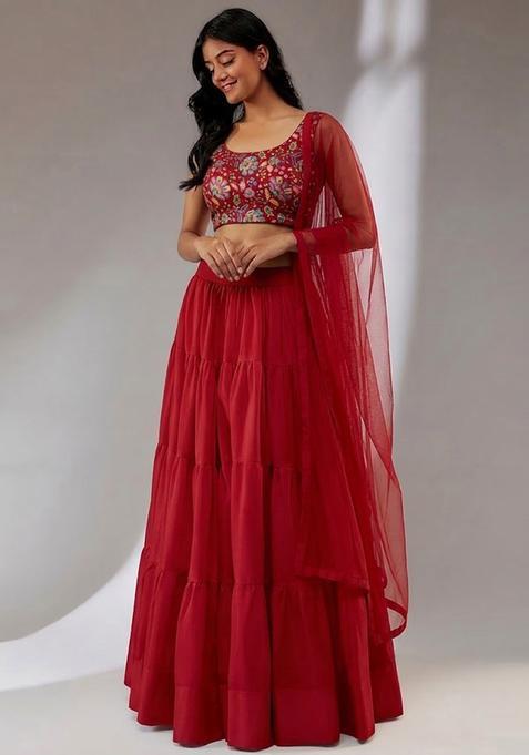 Maroon Printed Crepe Lehenga Set