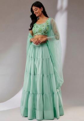 Green Printed Crepe Lehenga Set
