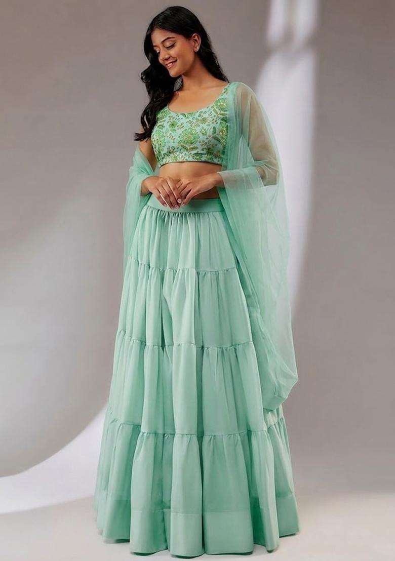 Green Crepe Lehenga Set with Printed for Diwali | Wedding & Festive Wear - Indya