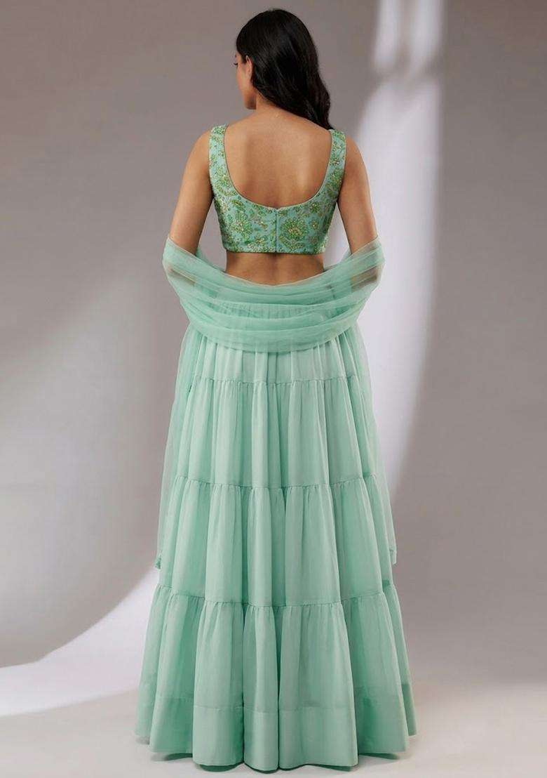 Green Crepe Lehenga Set with Printed for Diwali | Wedding & Festive Wear - Indya