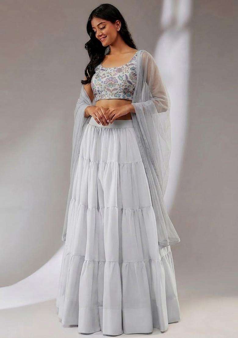 Grey Printed Crepe Lehenga Set for Diwali and Festive Wear - Indya