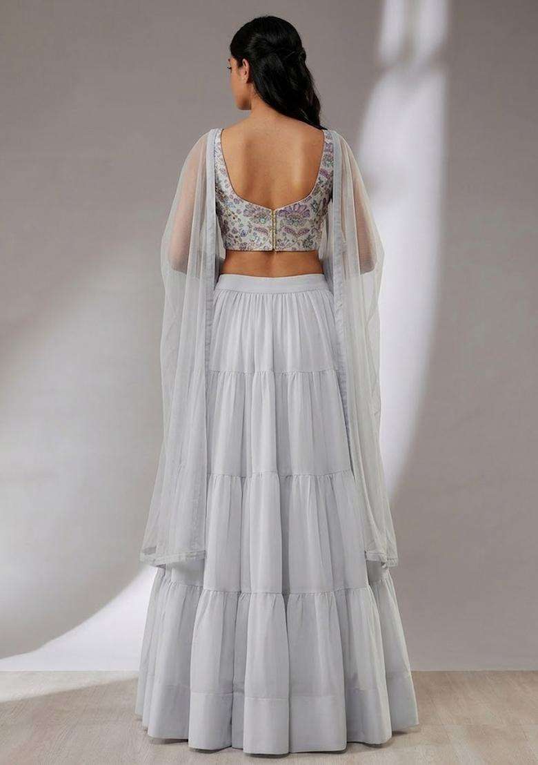 Grey Printed Crepe Lehenga Set for Diwali and Festive Wear - Indya