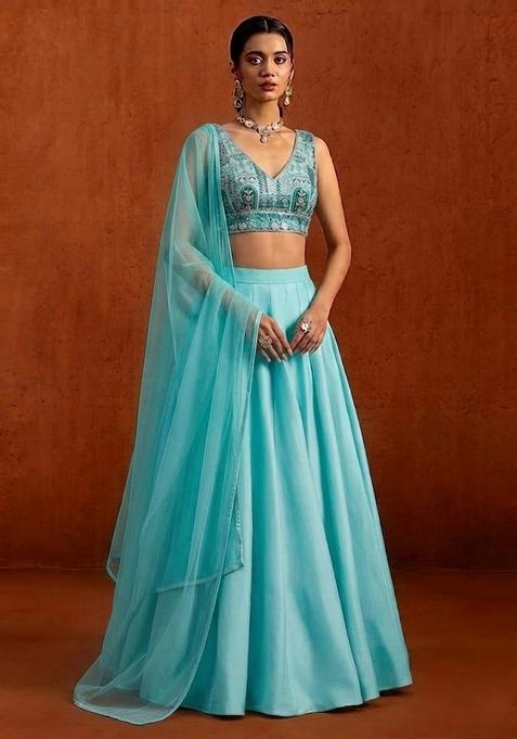Blue Printed Crepe Lehenga Set