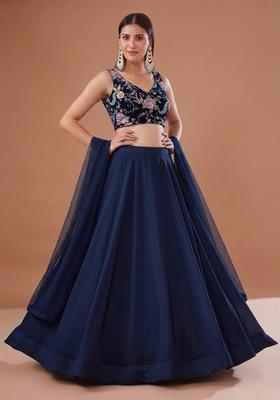 Blue Printed Crepe Lehenga Set