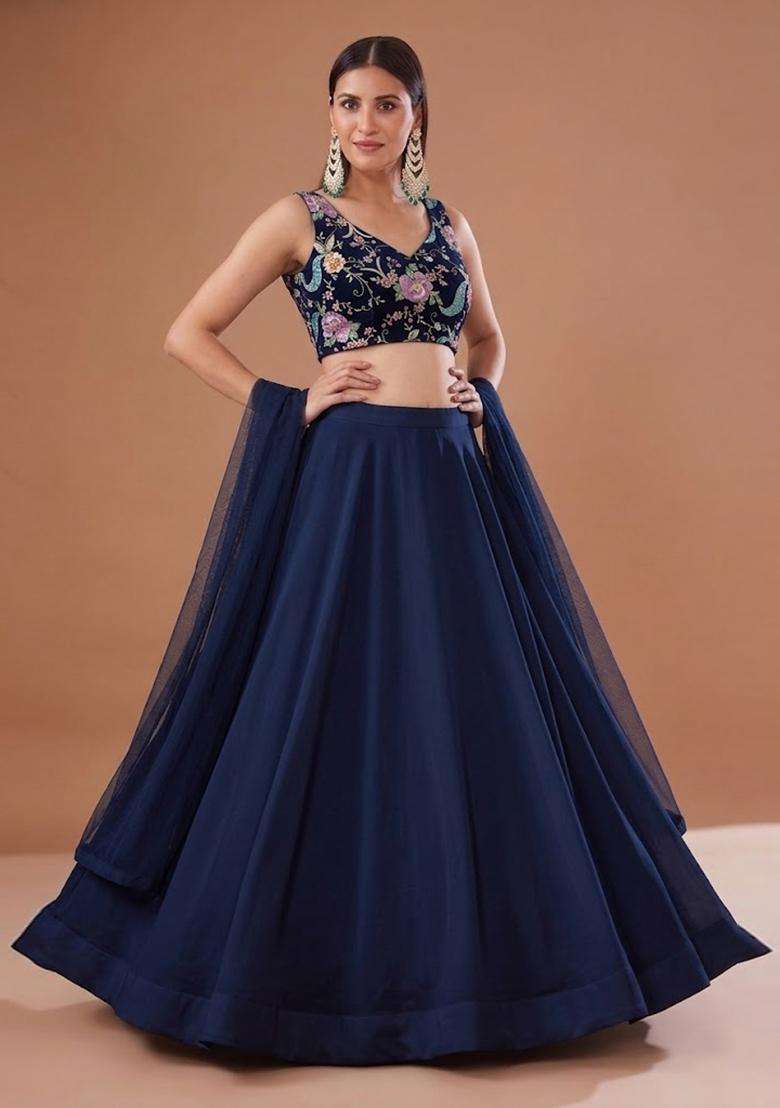 Blue Crepe Lehenga Set with Printed for Diwali | Wedding & Festive Wear - Indya