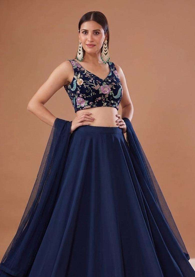 Blue Crepe Lehenga Set with Printed for Diwali | Wedding & Festive Wear - Indya