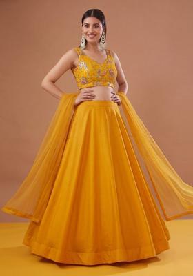 Yellow Printed Crepe Lehenga Set