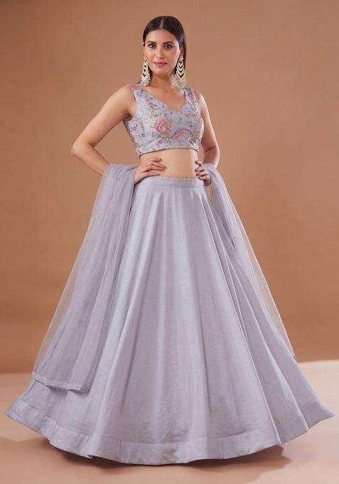 Grey Printed Crepe Lehenga Set