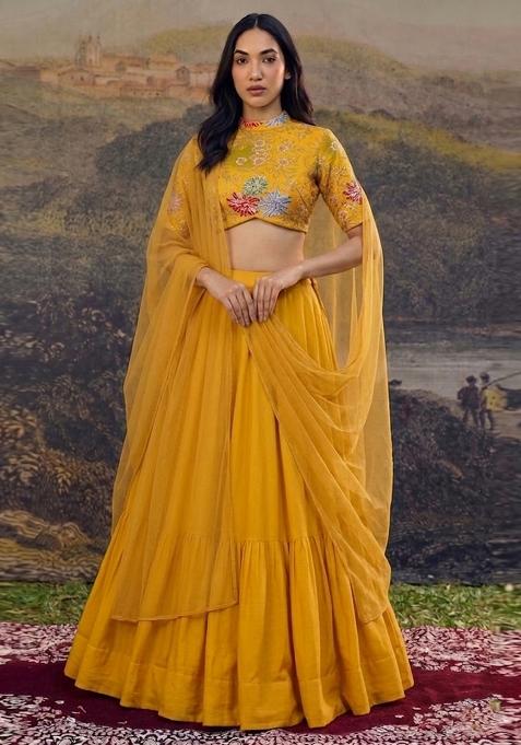 Mustard Yellow Embroidered Crepe Lehenga Set
