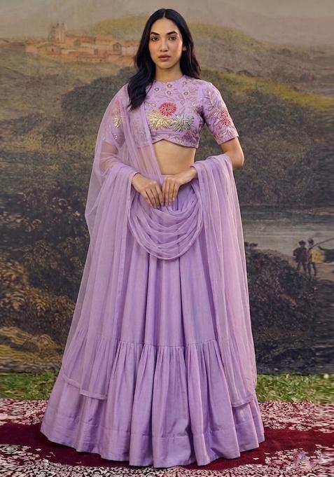 Lavender Embroidered Crepe Lehenga Set