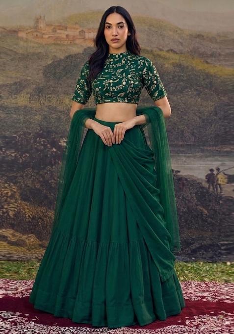 Emerald Green Embroidered Crepe Lehenga Set