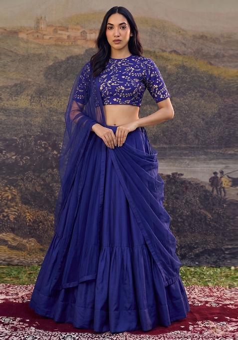 Royal Blue Embroidered Crepe Lehenga Set